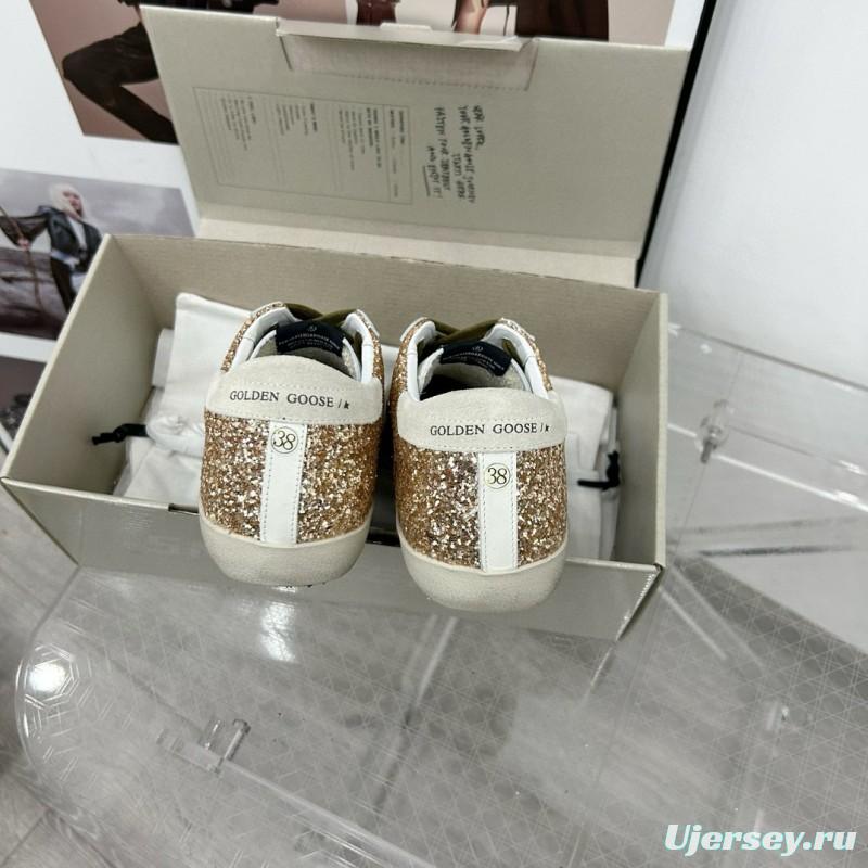 2025 Women GGDB White Gold Pink Glitter Leather Sneakers