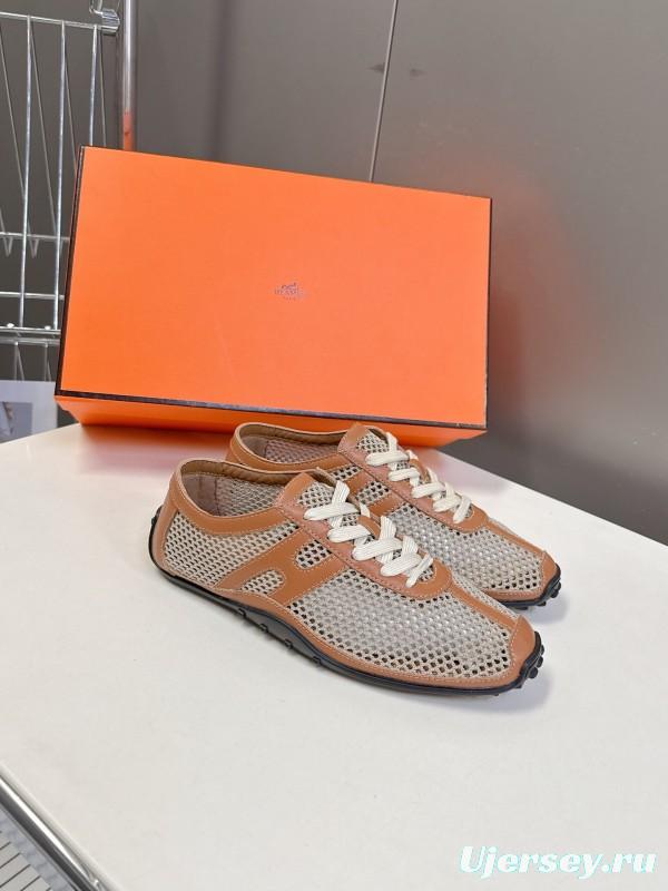 2025 Women Hermès Beige Brown Leather Mesh Sneakers KFY00250