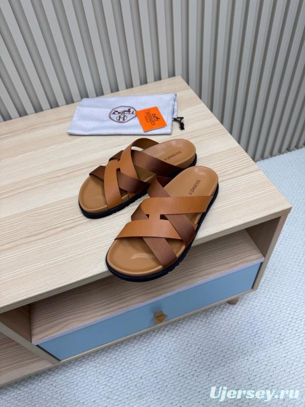 2025 Men Hermès Brown Leather Slippers