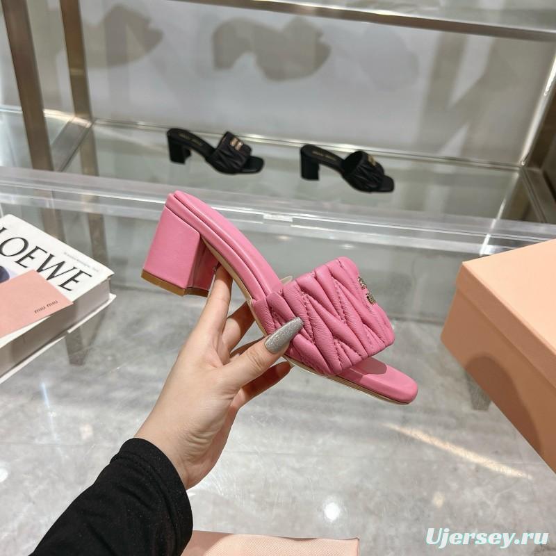 2025 Women Miu Miu Pink Sheepskin Heeled Sandals Quilted KFY00250