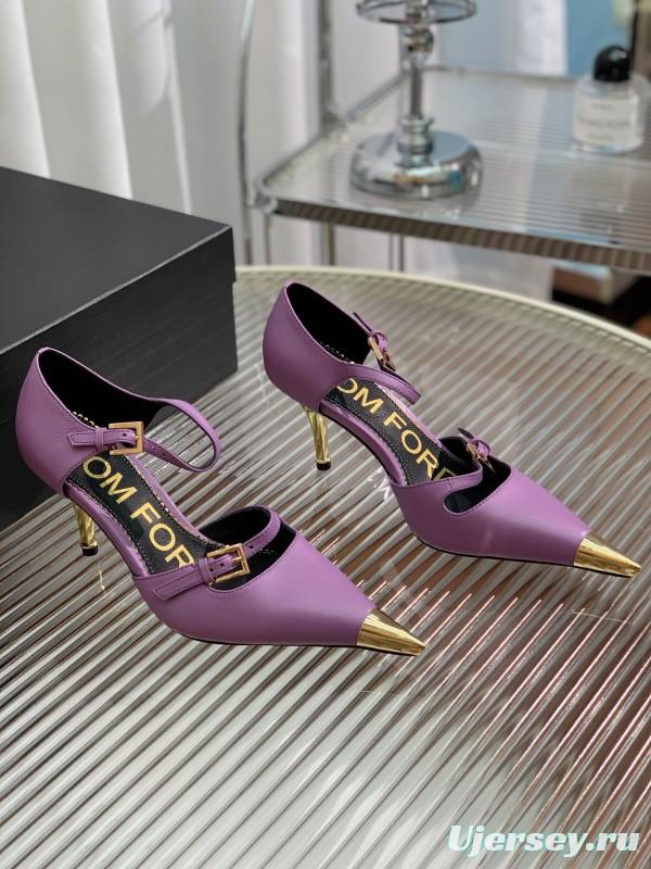 2025 Women TOM FORD Purple Gold Leather Pointed Toe Heels KFY00320