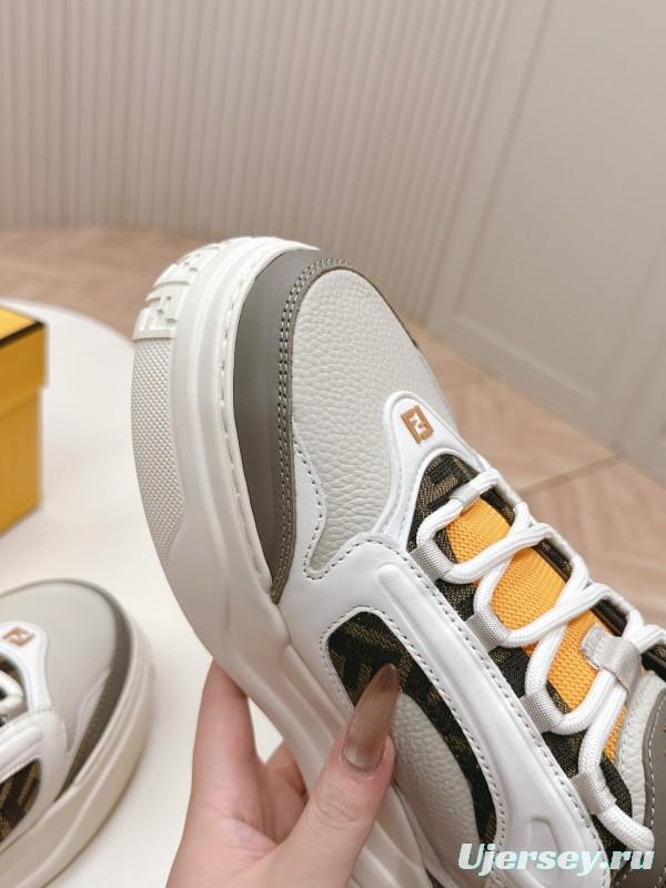 2025 Women Fendi White Grey Yellow Leather Mesh Sneakers