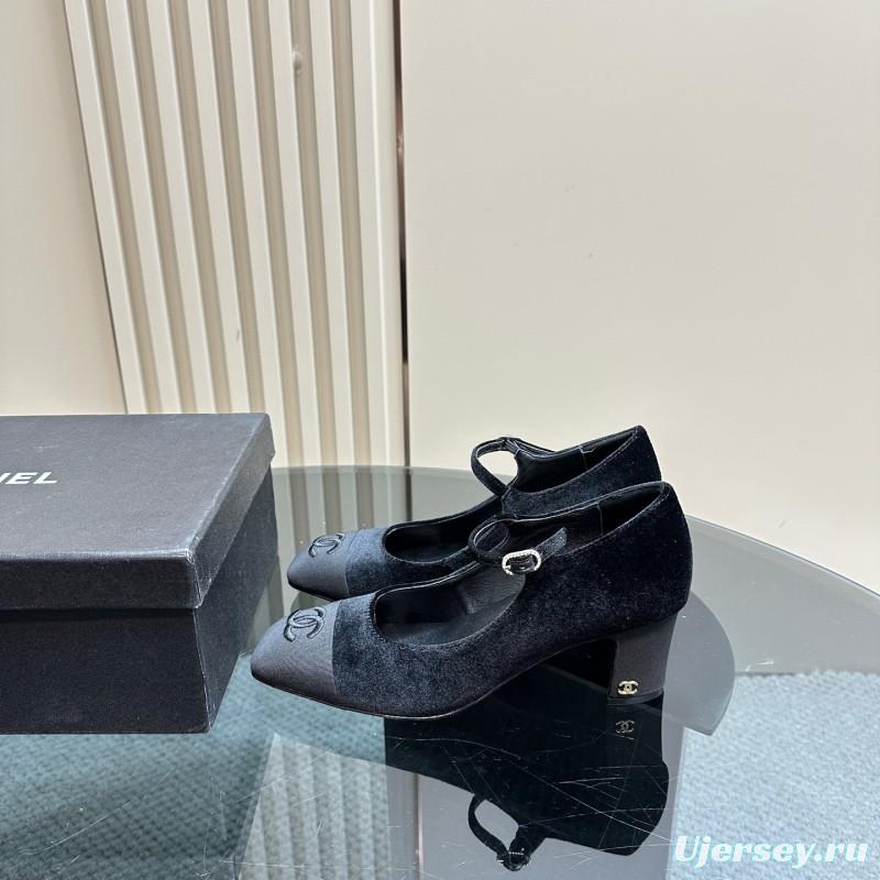 2025 Women Chanel Black Velvet Leather Mary Jane CC Logo KFY00290