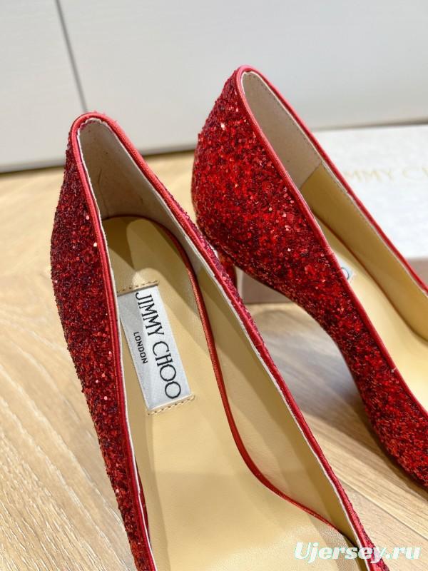 2025 Women Jimmy Choo Red Glitter Leather Pumps
