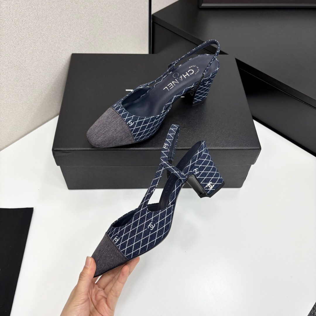 2025 Women Chanel Blue Grey Denim Leather Slingback LY00240