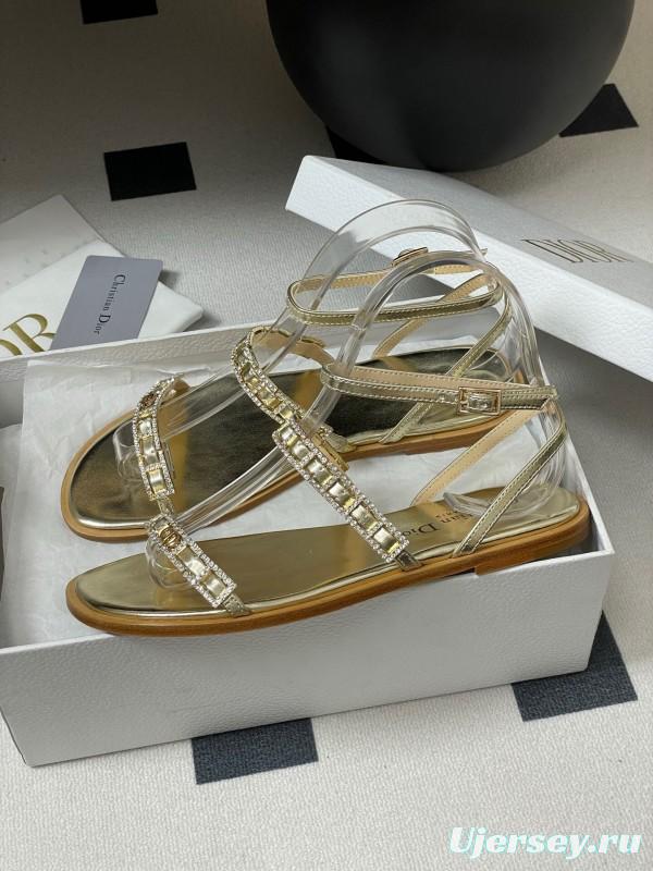 2025 Women Dior Gold Leather Sandals Crystal Embellishment