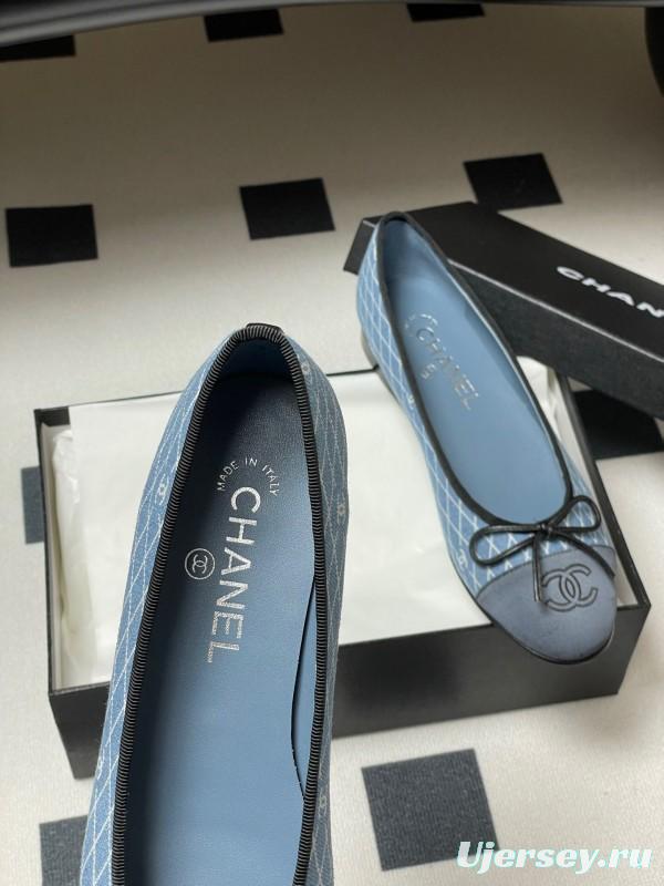 2025 Women Chanel Blue Denim Ballet Flats KFY00300