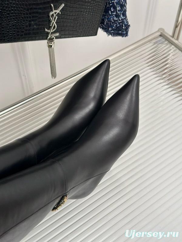 2024 Women YSL Black Leather Boots Chain Detail