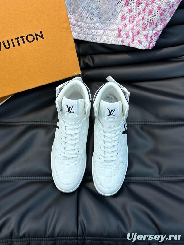 2024 Men Louis Vuitton White Black Leather High-Top Sneakers MJ00420