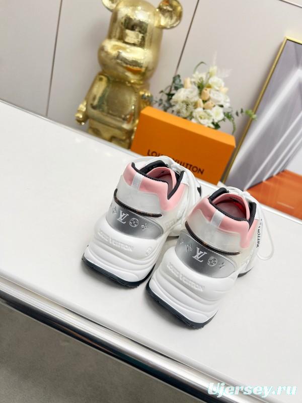 2025 Women Louis Vuitton White Black Pink Leather Mesh Sneakers LY00340