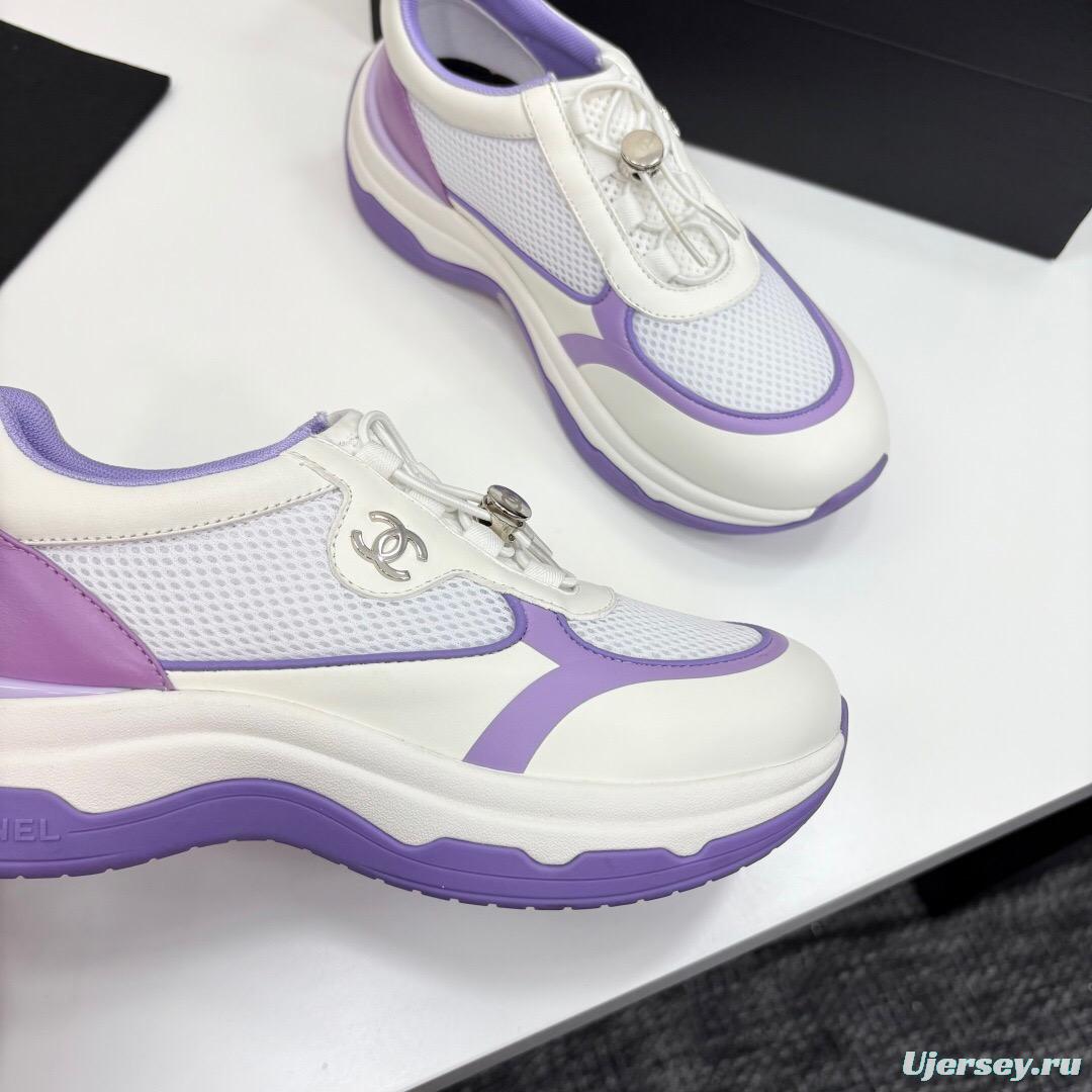 2025 Women Chanel White And Purple Leather And Mesh Casual Sneakers Chunky Sole Classic Logo LY00360(F)