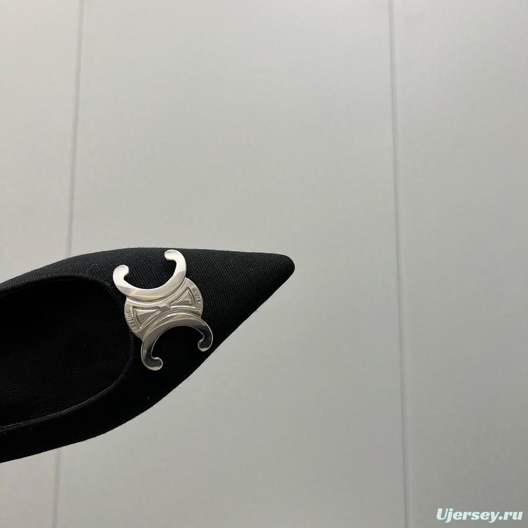 2025 Women Celine Black Fabric Leather Slingback Kitten Heels KFY00290