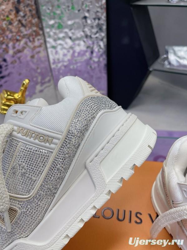 2024 Unisex Louis Vuitton White Silver Leather Trainers Crystal Embellished MJ00430