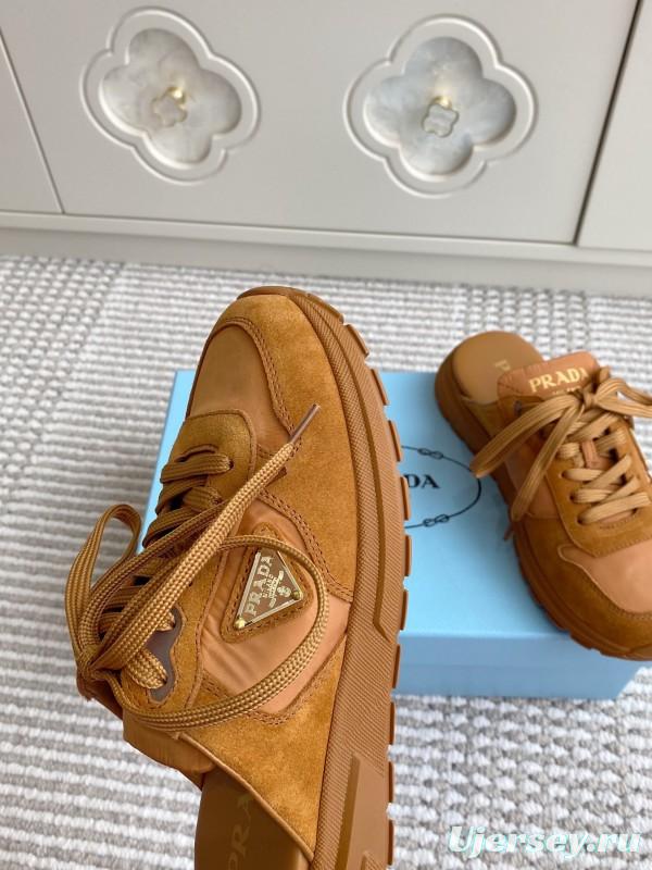 2025 Women Prada Brown Leather Suede Sneakers