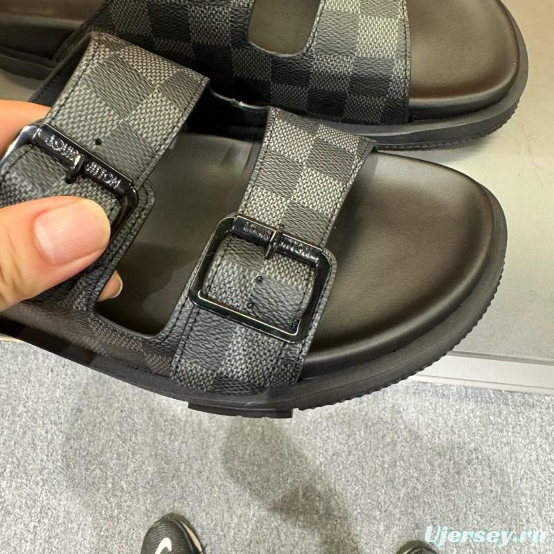 2024 Slippers Louis Vuitton Grey Black Leather Slippers