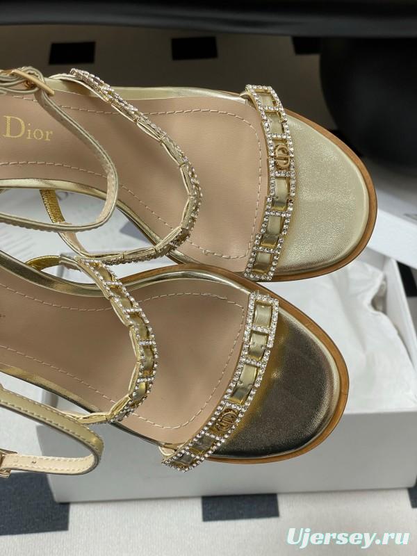 2025 Women Dior Gold Leather Crystal Block Heel Sandals