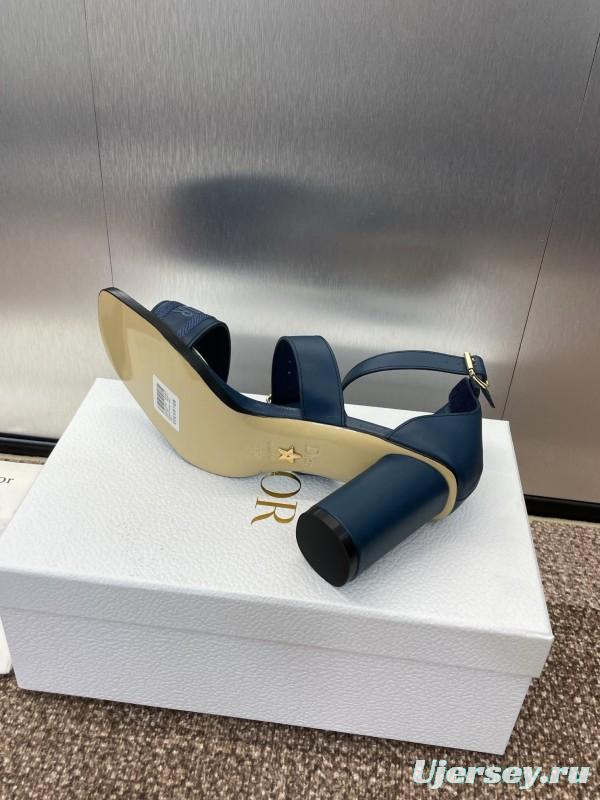 2025 Women Dior Navy Blue Leather Sandals Ankle Strap KFY00310