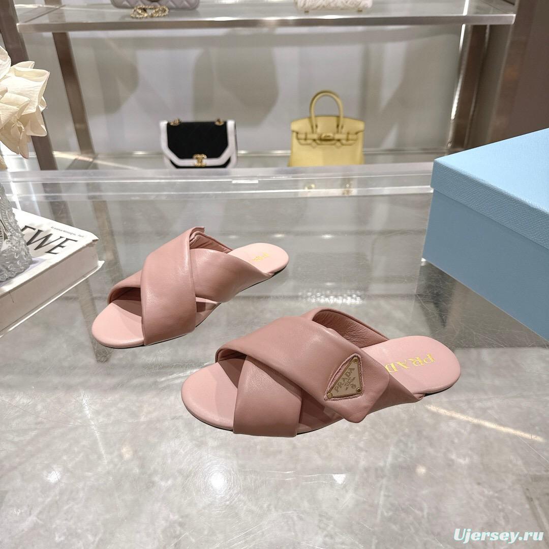 2025 Women Prada Pink Leather Slippers