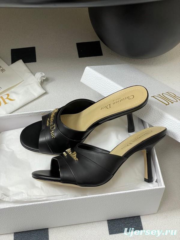 2025 Women Dior Black Leather High Heel Mules