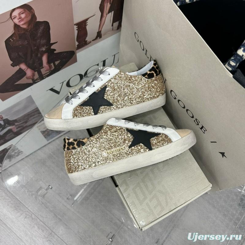 2025 Women GGDB Gold Glitter Black Leather Star Leopard Print Suede Sneakers