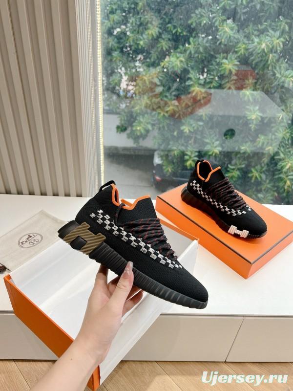 2024 Unisex Hermès Black Orange Calf Suede Knit Sneakers MJ00290(W/M)