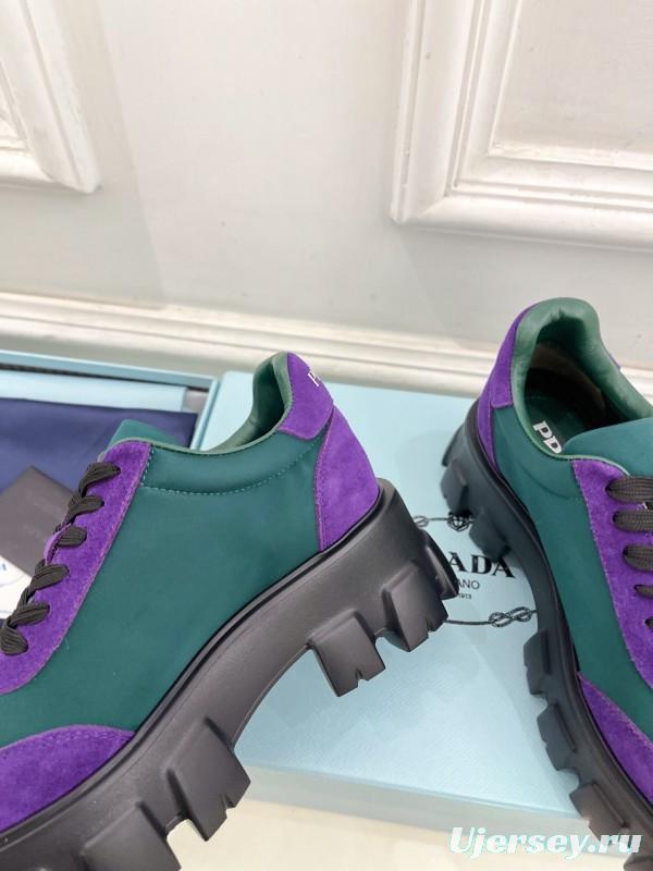2025 Unisex Prada Purple Green Suede Silk Sneakers KFY00310(F)/KFY00330(M)