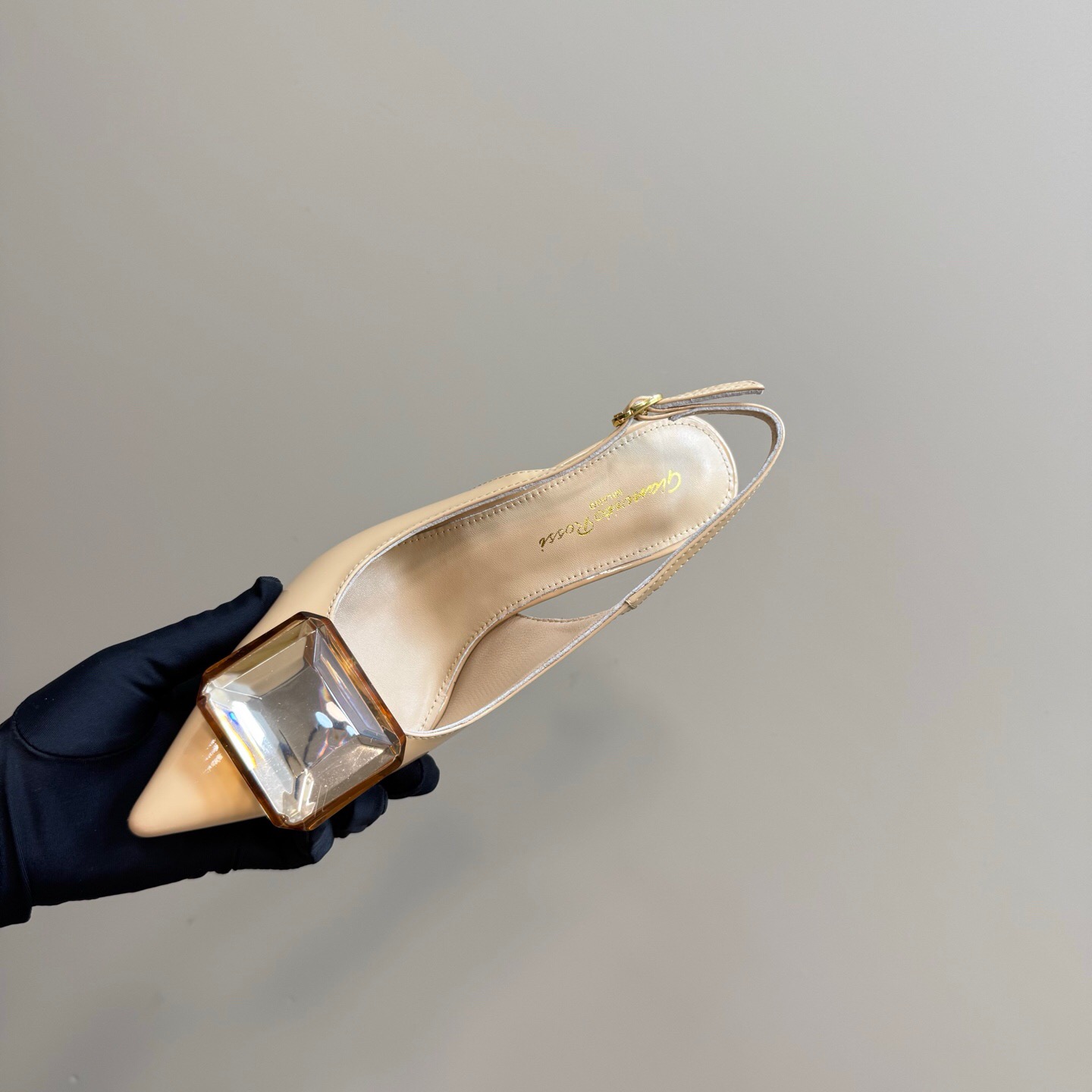 2025 Women Gianvito Rossi Beige Patent Leather Slingback High Heel Gemstone KFY00300