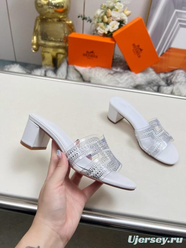 2025 Slippers Hermès White Leather Crystal MJ00180