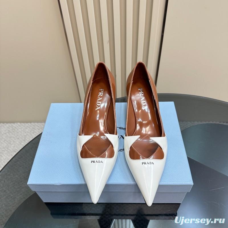 2025 Women Prada White Brown Leather Heels KFY00310