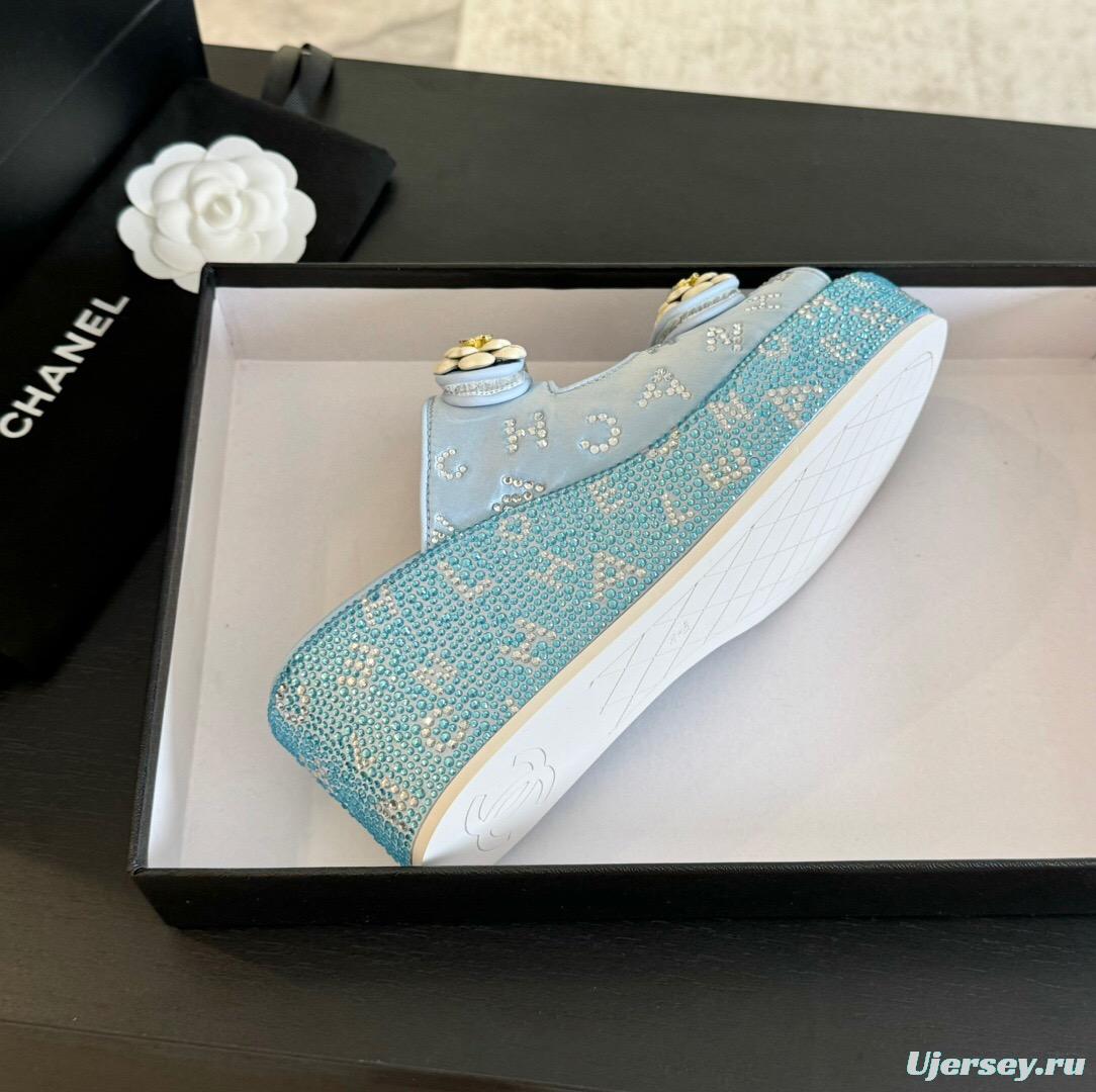 2025 Women Chanel Blue Denim Leather Platform Slippers LY00330