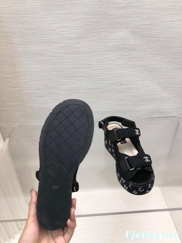 2025 Women Chanel Black Fabric Platform Sandals LY00330
