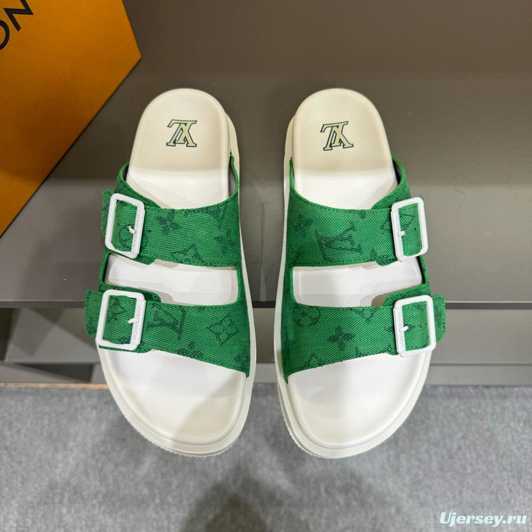2024 Men Louis Vuitton Green Silk Leather Sandals MJ00210
