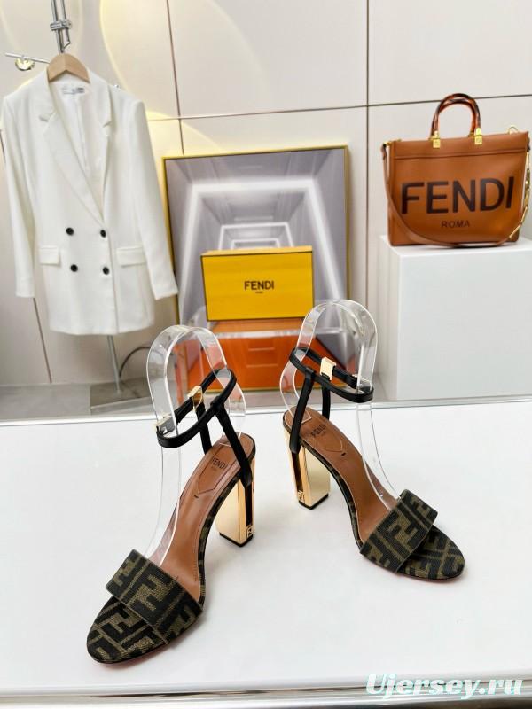 2025 Women Fendi Brown Black Leather Fabric High Heel Sandals