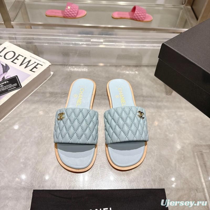 2025 Women Chanel Light Blue Lambskin Slippers