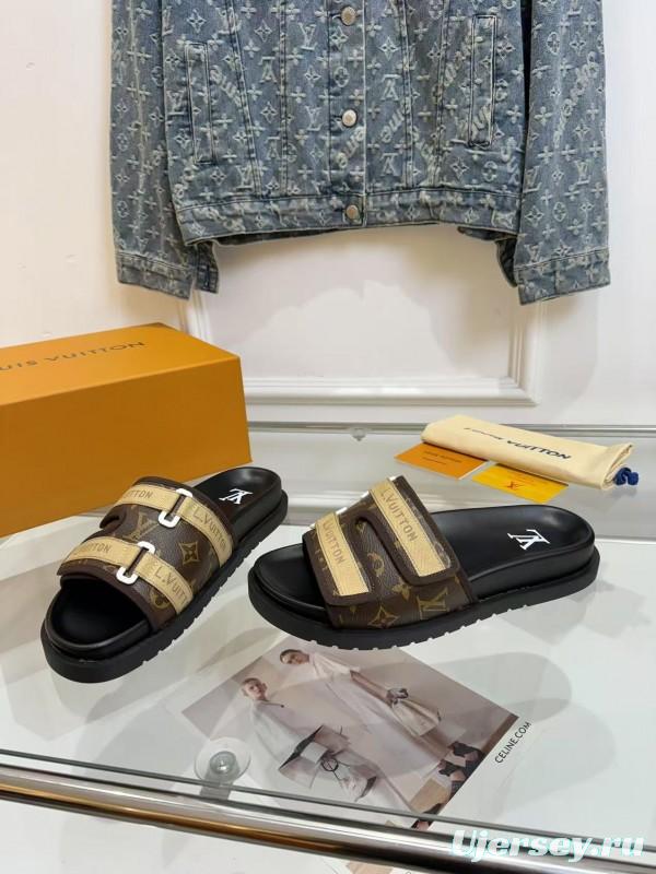 2025 Slippers Louis Vuitton Brown Canvas Leather Slippers LY