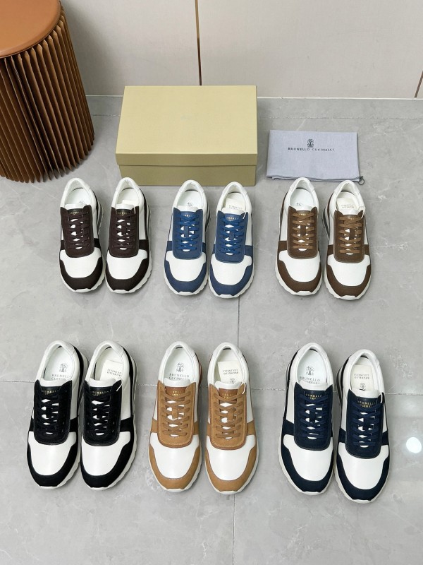 2024 Men Brunello Cucinelli White Brown Leather Suede Sneakers MJ00360