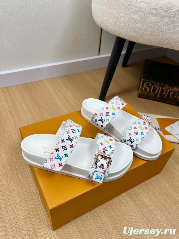 2025 Women Louis Vuitton White Multicolor Canvas Slippers KFY00280