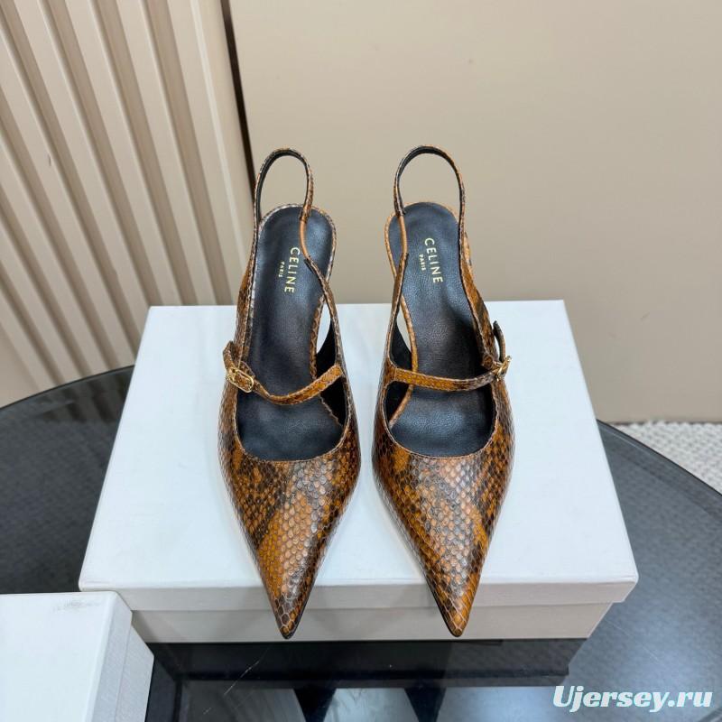 2025 Women CELINE Brown Snake Leather Slingback Pumps