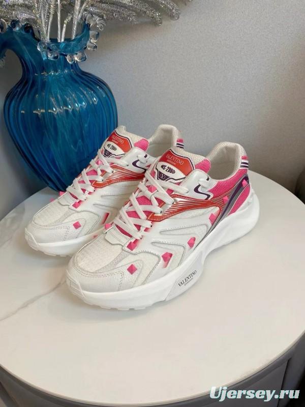 2024 Unisex Valentino White Pink Mesh Leather Sneakers MJ00410