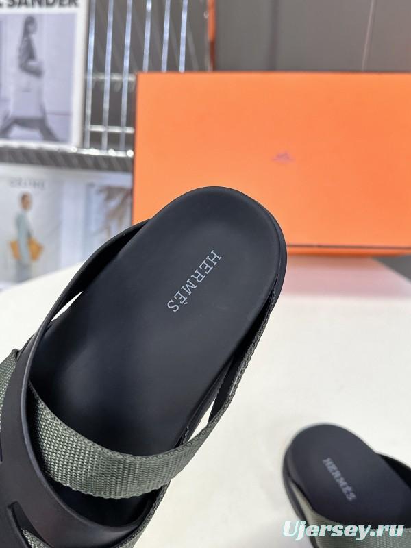 2025 Slippers Hermès Black Green Leather Fabric Slippers