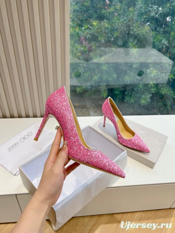 2025 Women Jimmy Choo Pink Glitter Leather High Heels KFY00280