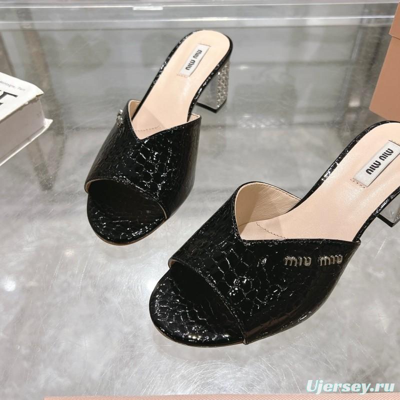 2025 Women Miu Miu Black Patent Leather Heeled Sandals