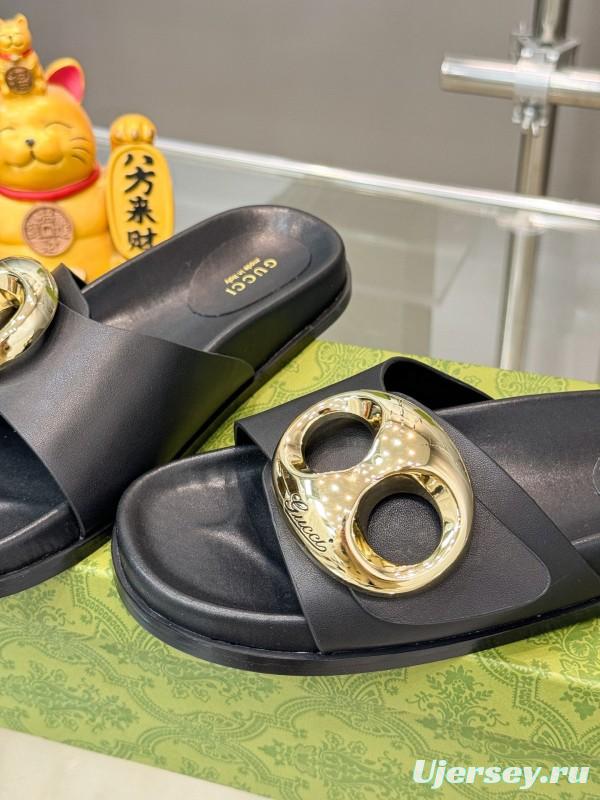 2025 Gucci Black Leather Slippers KFY00210
