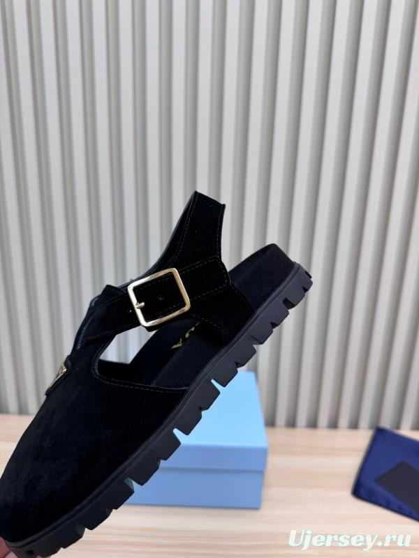 2025 Women Prada Black Suede Sandals LY00280