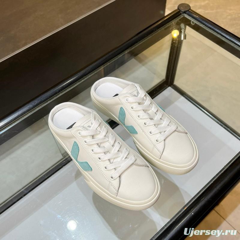 2025 VEJA White Blue Leather Canvas Slip-On Sneakers