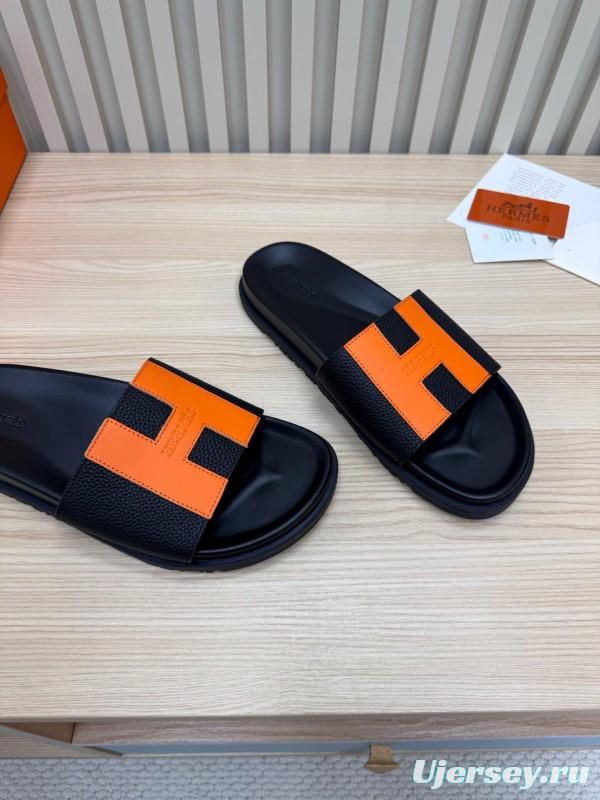 2025 Women Hermès Black Orange Leather Slippers
