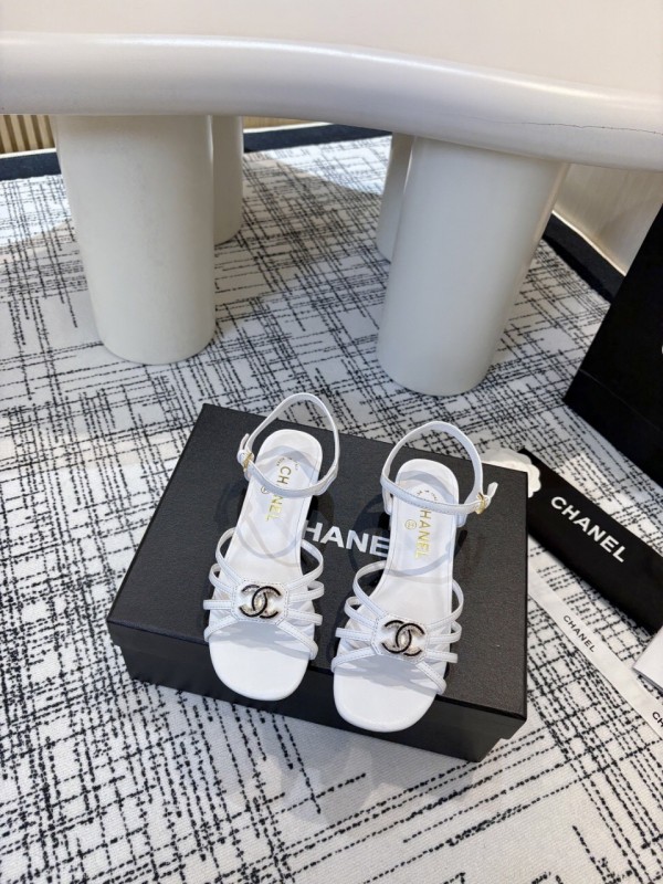 2025 Women Chanel White Leather Sandals LY00270