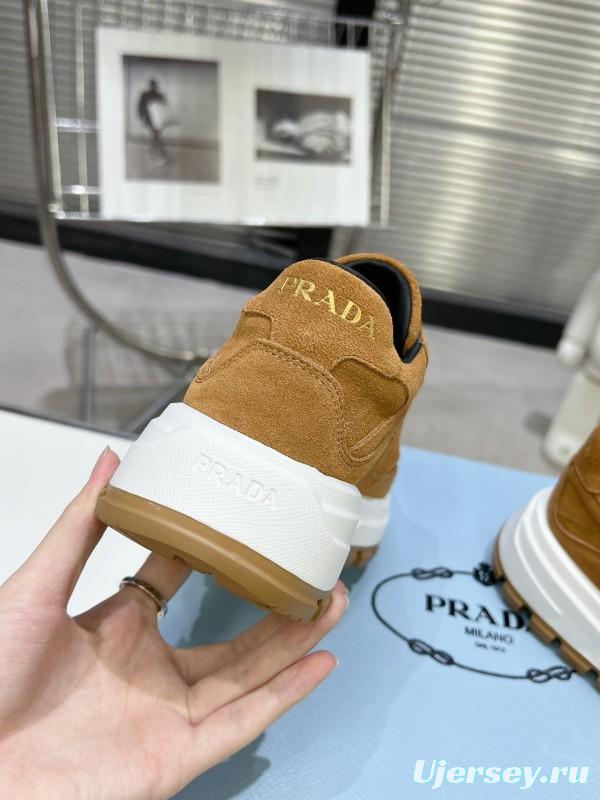 2025 Unisex Prada Brown Suede Leather Sneakers KFY00310