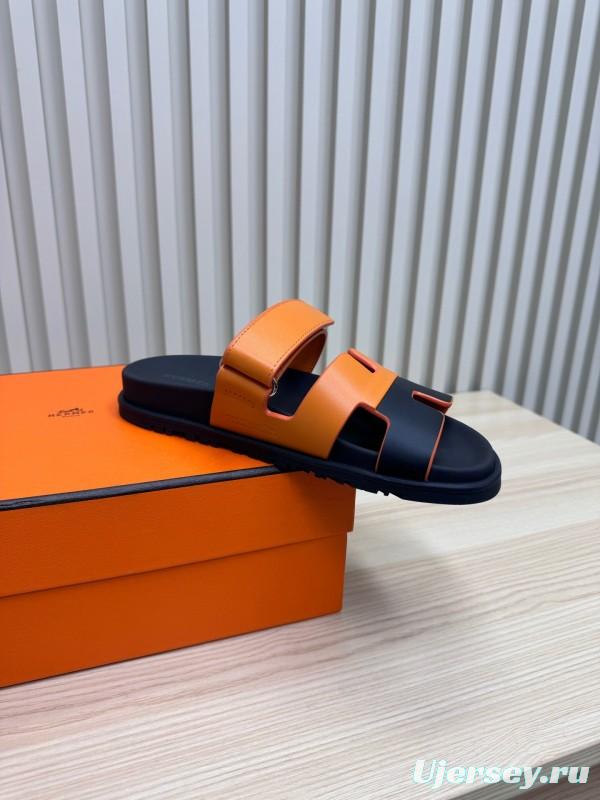 2025 Women Hermès Orange Black Leather Slippers