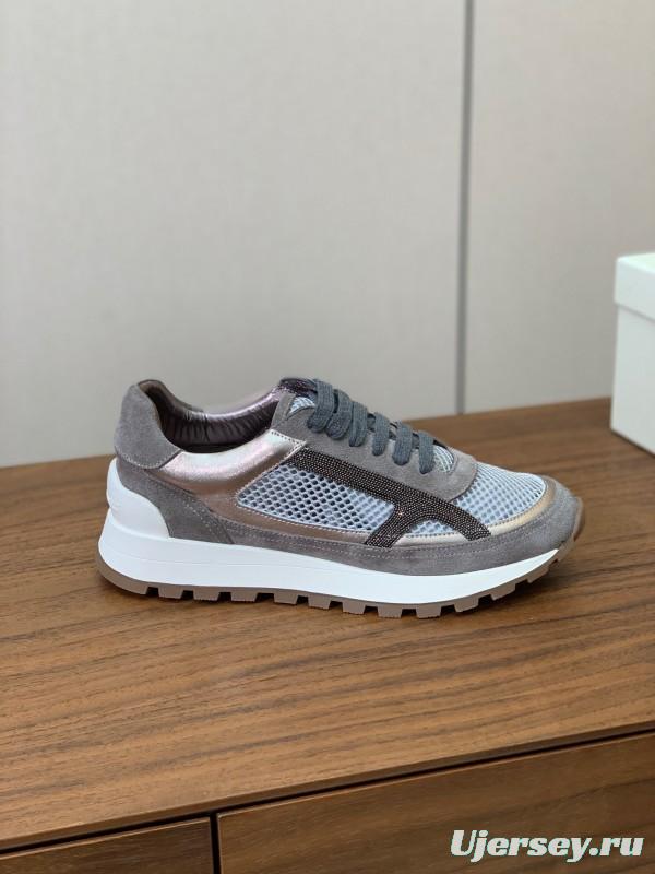 2025 Unisex Brunello Cucinelli Grey Silver Suede Mesh Sneakers